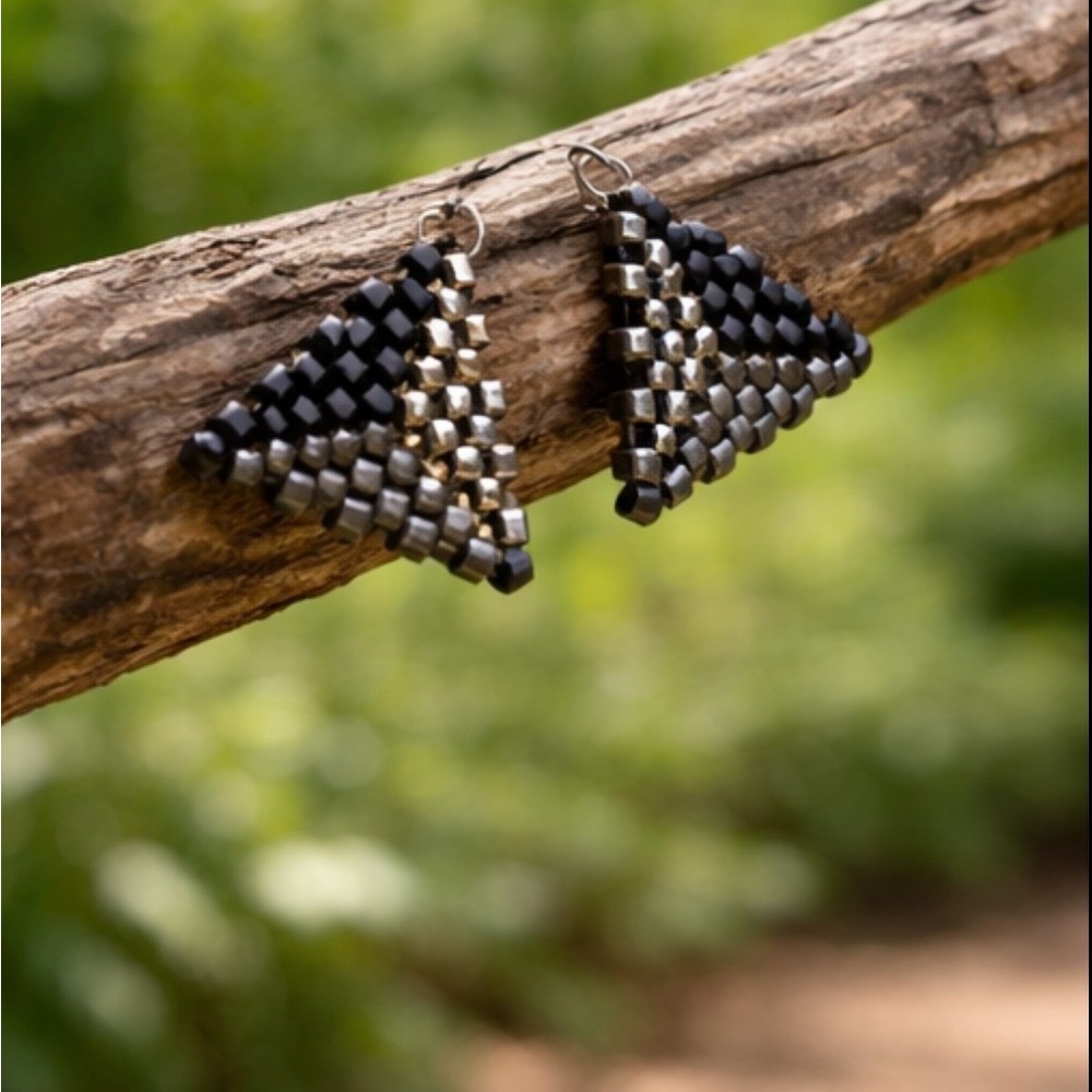 Geometric Beaded Triangle Earrings – Handmade Minimalist Studs